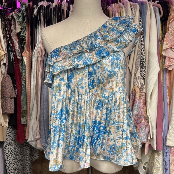 441. Mystree Blue Floral One Shoulder Ruffle Top New Item - Picture 7 of 9